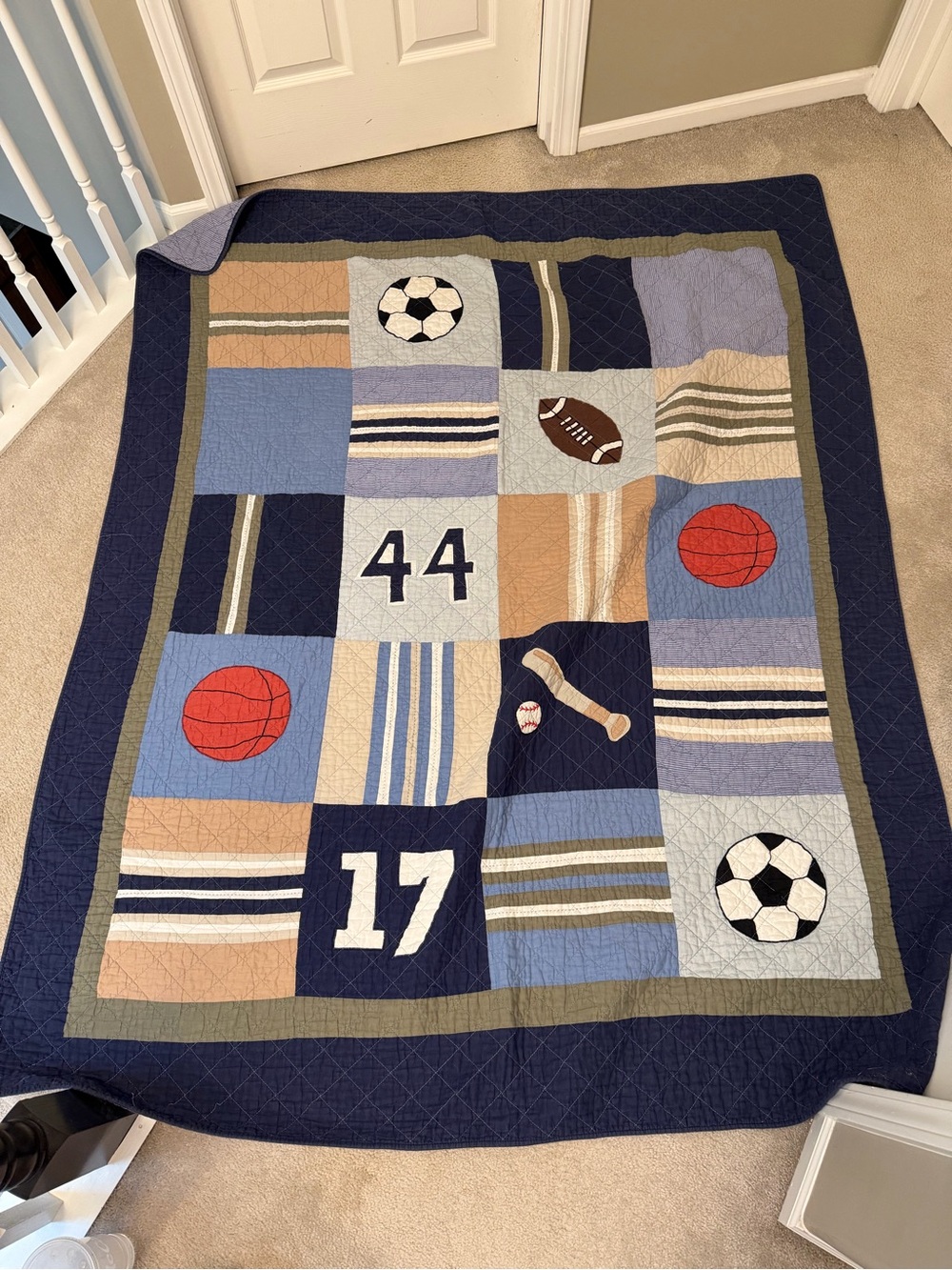 Youth Sports Patchwork Quilt and sham in Navy, Blue, Tan